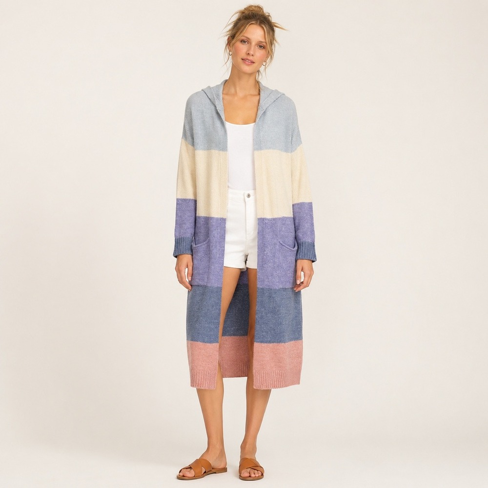 Easel Colorblock Hooded Duster Cardigan Small Boho Cozy Pastel Cottagecore